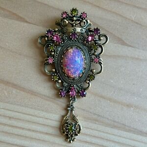 VTG Coventry Brooch Pin Pendant 3 Inch Foil Opal Glass Cabochon Rhinestone Crown